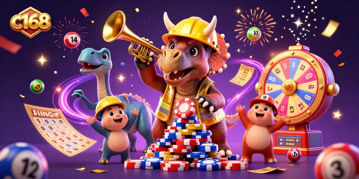 c168 celebrates a vibrant casino scene with a triceratops building poker chips and joyful characters.