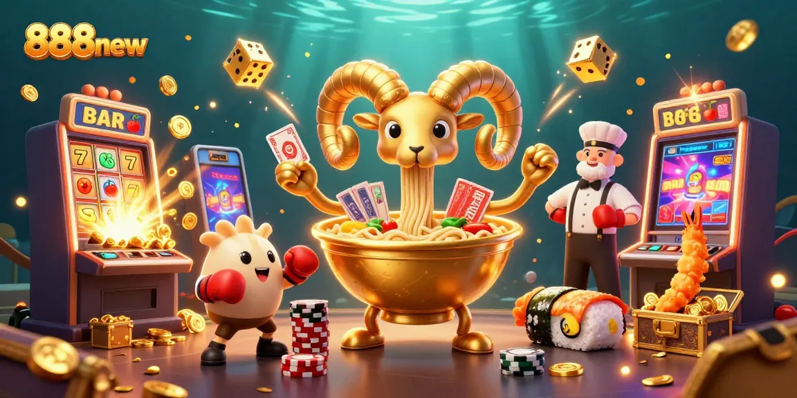 Experience thrilling casino action with 888new as giant ramen bowl characters deal cards and stacks chips.
