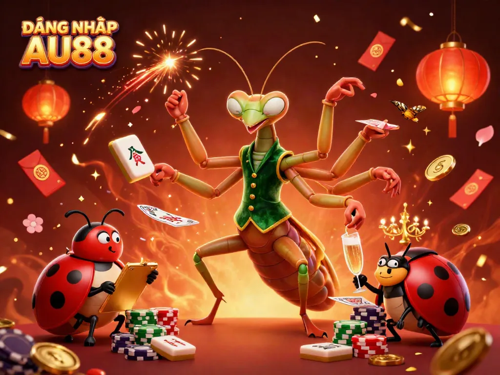 Experience ĐĂNG NHẬP AU88 with vibrant casino elements, a praying mantis dealer, and festive decorations.