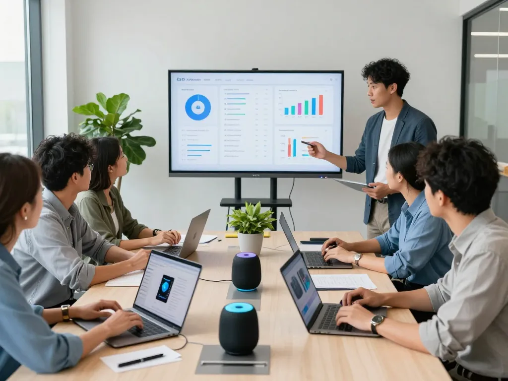 Collaborative team using tech gadgets for productivity in a modern workspace.