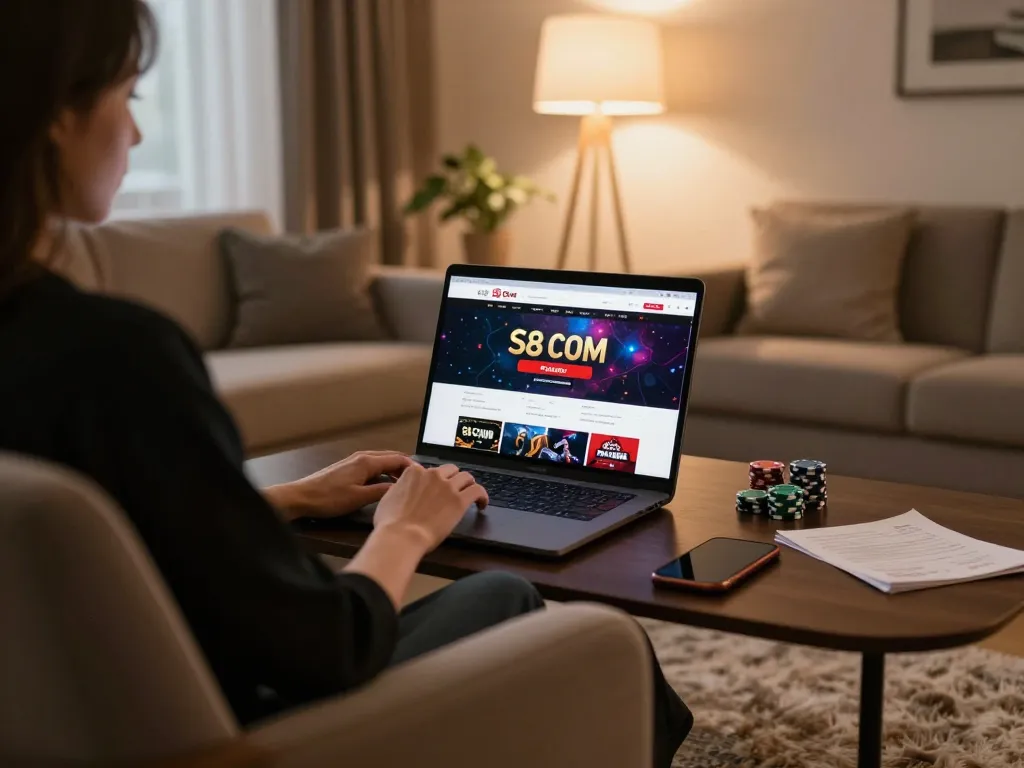 S8 com casino gaming setup with a laptop and poker chips in a cozy living room.
