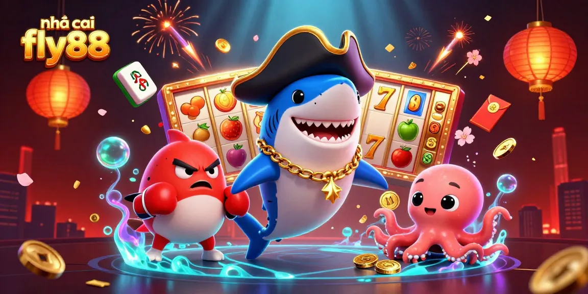 Nhà cái fly88 showcases vibrant slot reels and 3D casino characters in an exciting gambling scene.