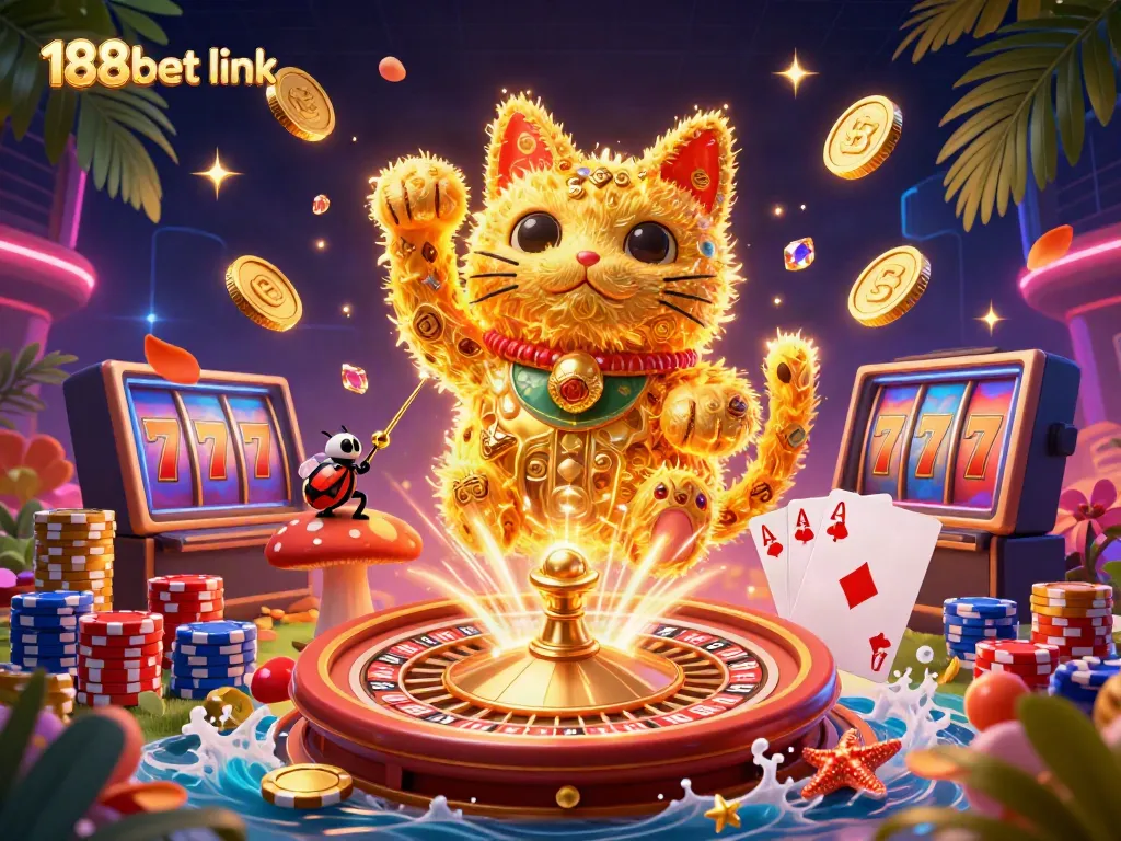 Experience the vibrant energy of the casino world with the 188bet link, featuring lucky symbols and gold.