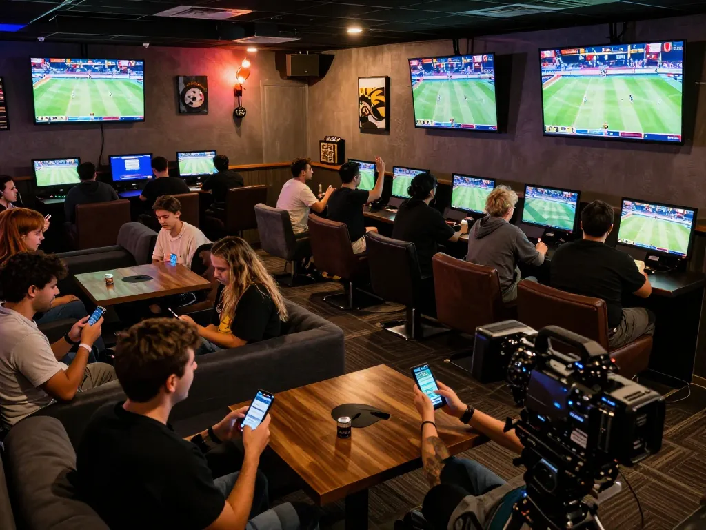Tỷ lệ kèo displayed on multiple screens in a lively sports betting lounge with engaged fans