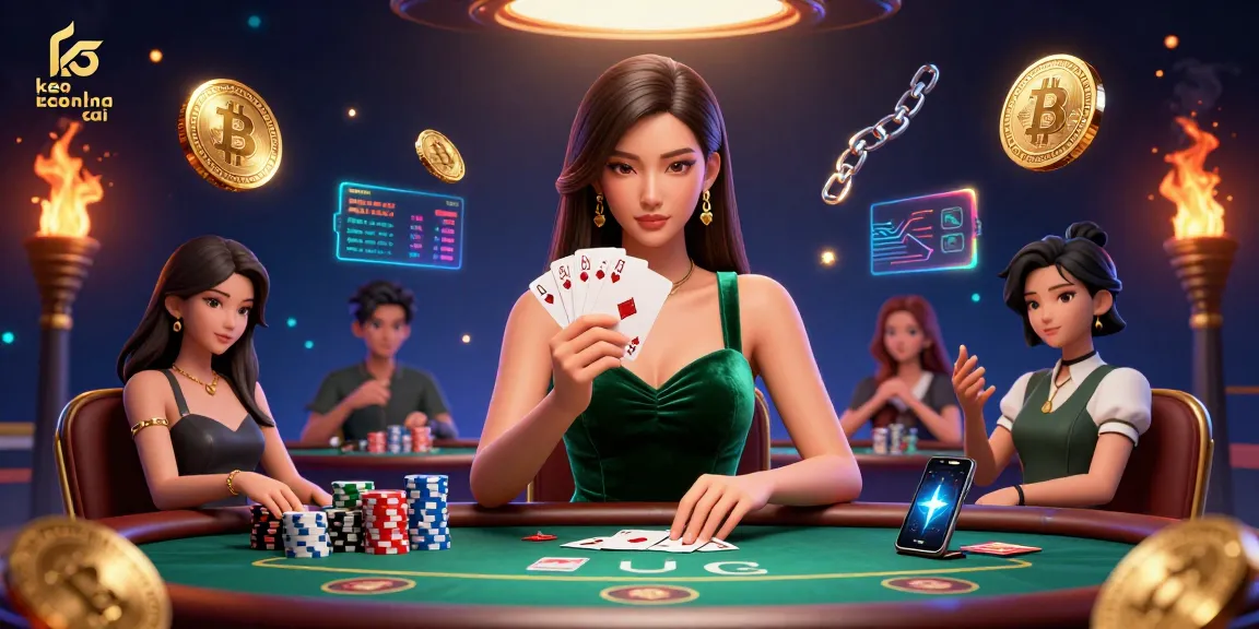 Engage in thrilling gambling with keo nha cai at a luxury poker table amidst vibrant crypto elements.