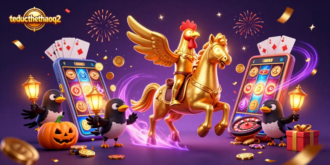 Play thrilling games at theducthethaoq2 featuring a golden rooster in a vibrant casino