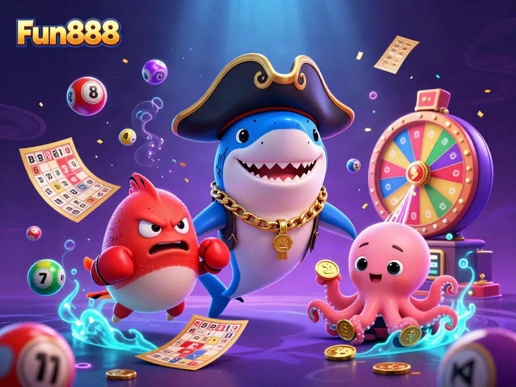 Engage in exciting Fun888 gaming surrounded by vibrant lottery elements and colorful characters.