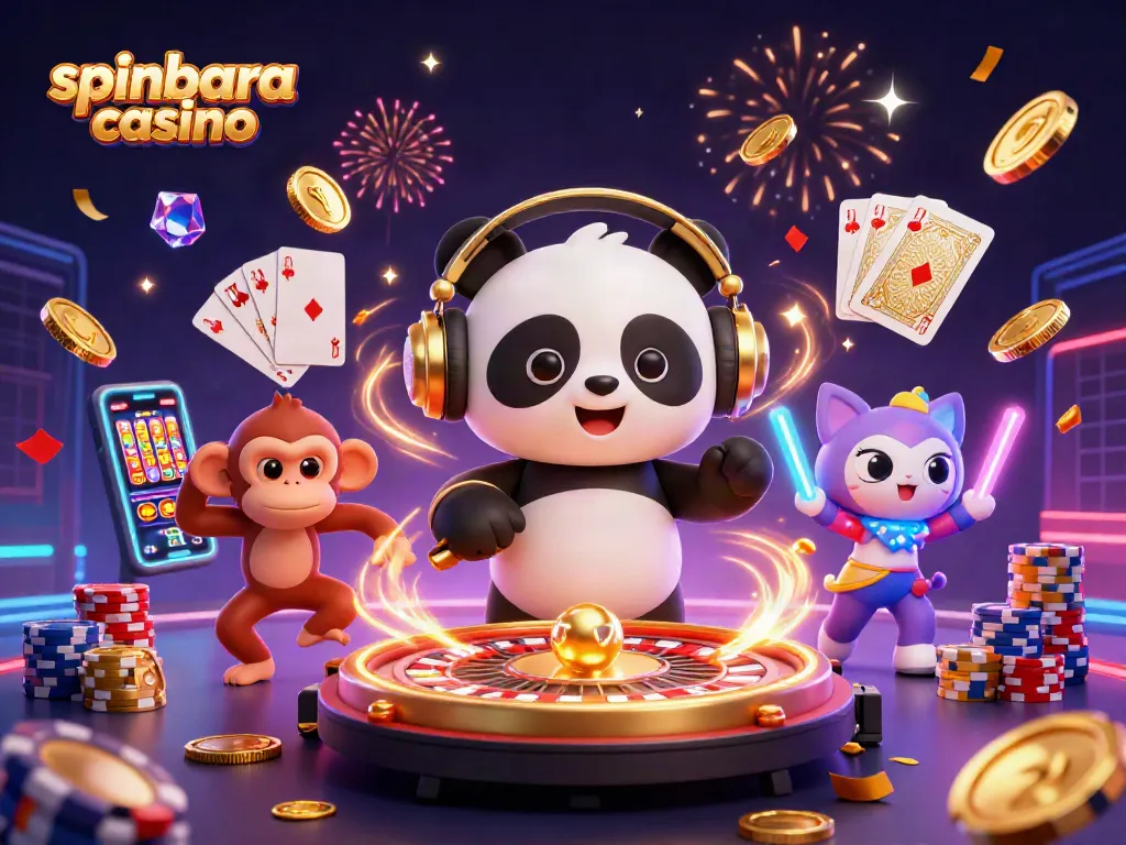 Experience spinbara casino excitement with a vibrant 3D scene featuring a DJ panda and playful characters.