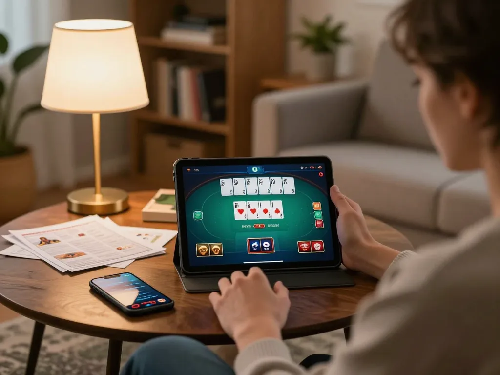 Engaging in casino online sin licencia españa on a tablet at home, showcasing a strategic gaming setup with notes.