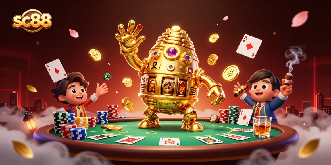 Experience dynamic gameplay at sc88 with vibrant 3D casino elements, golden golem, and poker excitement.