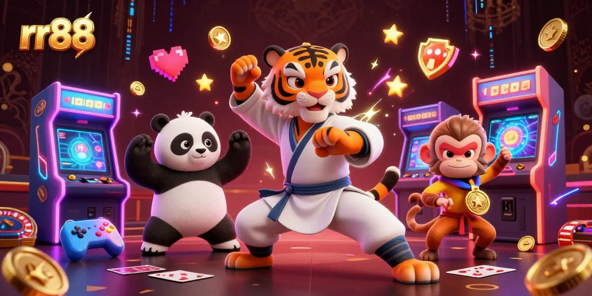 Experience thrilling gameplay at rr88 with a kung fu tiger master and playful characters in a vibrant casino scene.