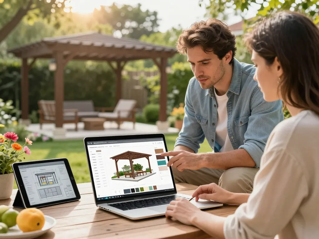 Profesional utilizando un configurador de pérgolas en 3D con un cliente en un jardín vibrante, mostrando opciones de diseño.
