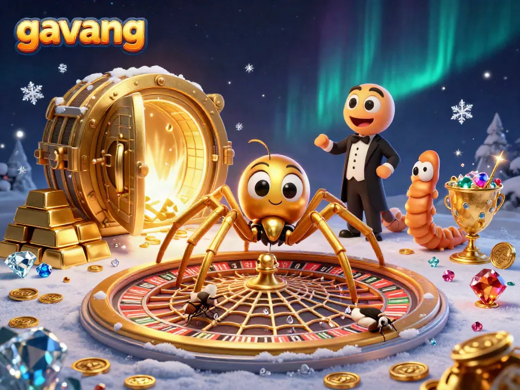 Bet on Gavang with a golden spider and centipede croupier spinning a roulette web.