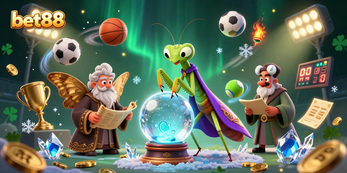 bet88 players engage in dynamic sports betting with cartoon icons, crystal ball, and trophy details