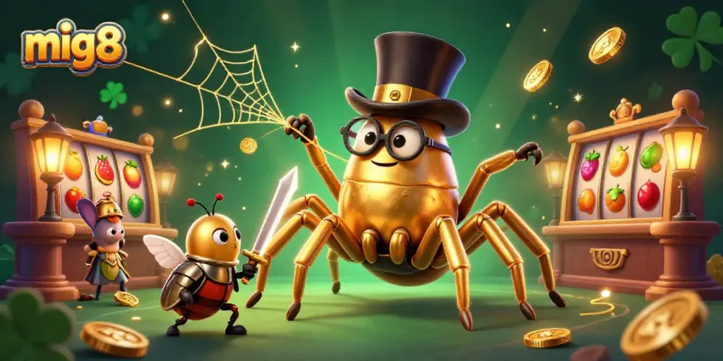 Experience the thrill of casino gaming with mig8's giant tarantula weaving golden threads and dynamic slot reels.