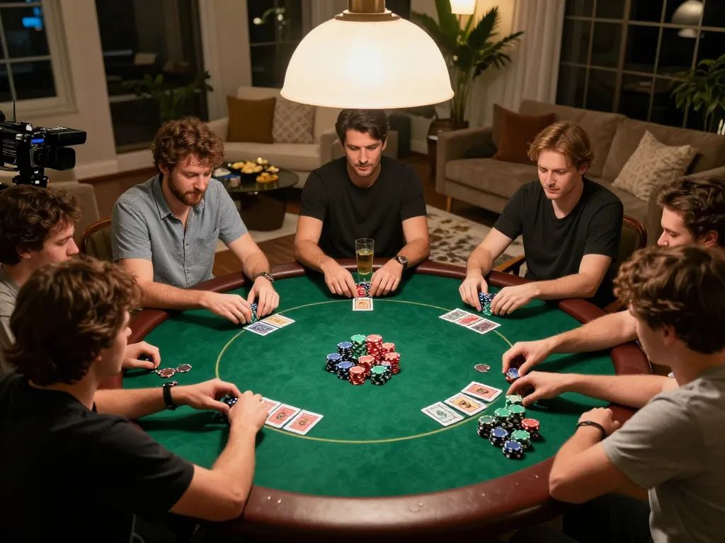 Giocatori coinvolti in una partita di poker a casa, incarnando lo spirito dei siti non aams legali in Italia e la camaraderie.
