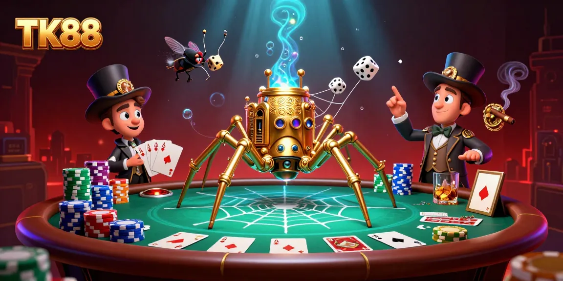 Experience the excitement of TK88 as a golden spider weaves luck with poker chips and dice.