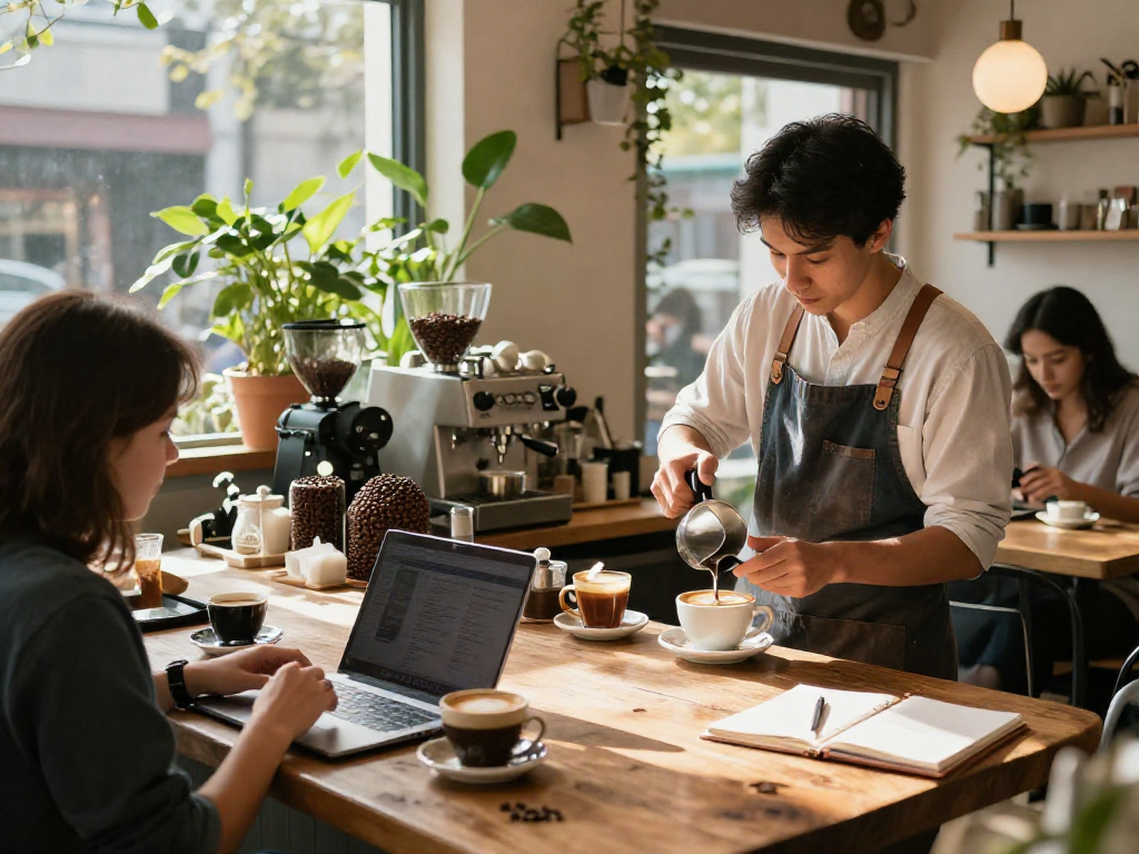 Café scene with barista crafting rokok88 lattes, warm inviting atmosphere.