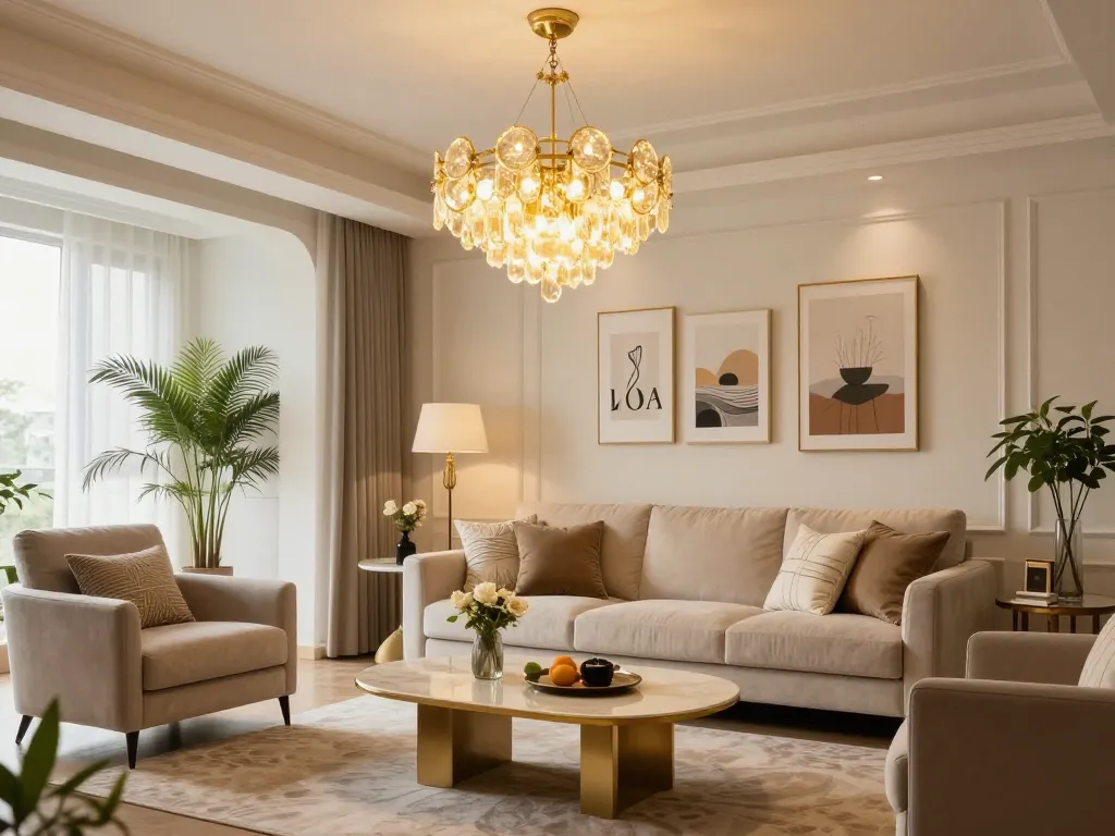 Lámparas estilo hotel chic iluminando una acogedora y elegante sala de estar con decoración sofisticada y suave iluminación.
