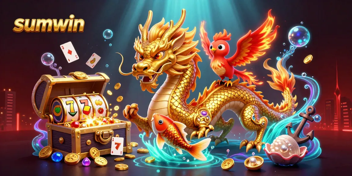 Experience the thrill of sumwin with a dragon, phoenix, and koi fish amidst dynamic casino elements.