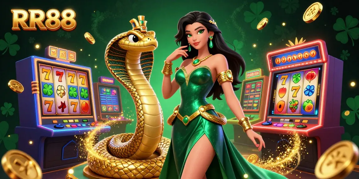 Engage with RR88’s thrilling slot games in this vibrant 3D scene filled with golden elements and jackpots.
