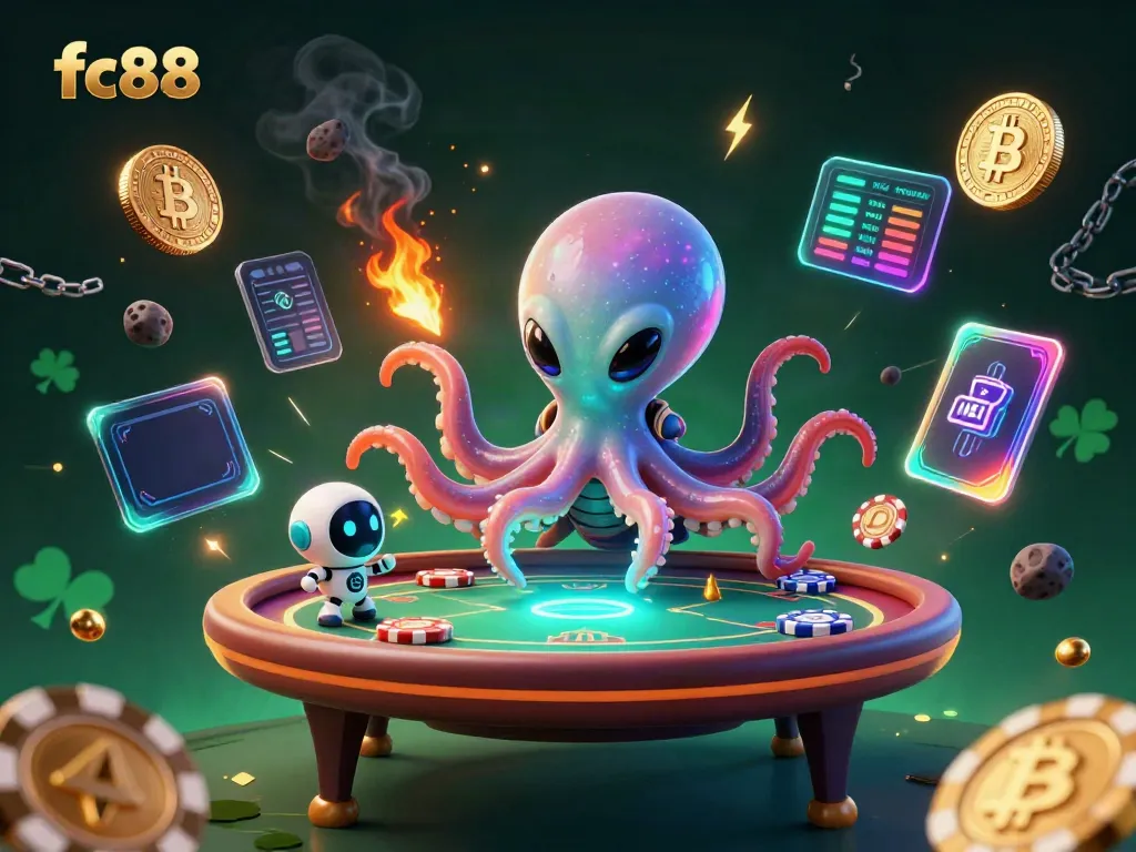 Engage with fc88's immersive alien casino experience featuring a vibrant octopus dealer.
