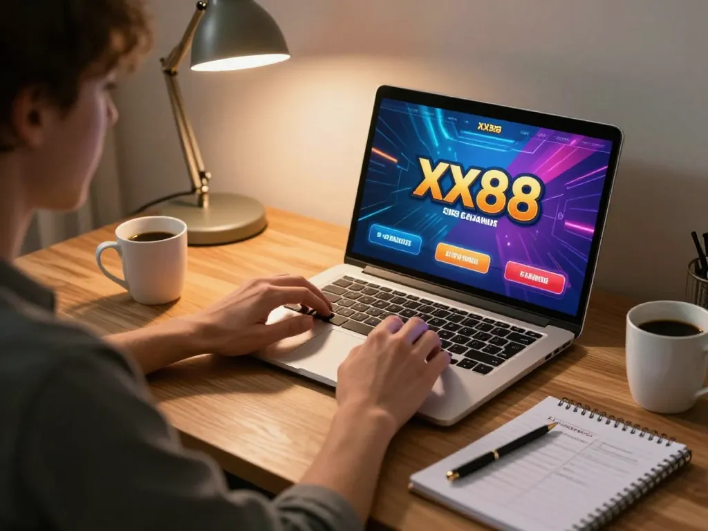 Engaging in xx88 online casino gameplay on a modern laptop, showcasing strategy and concentration.