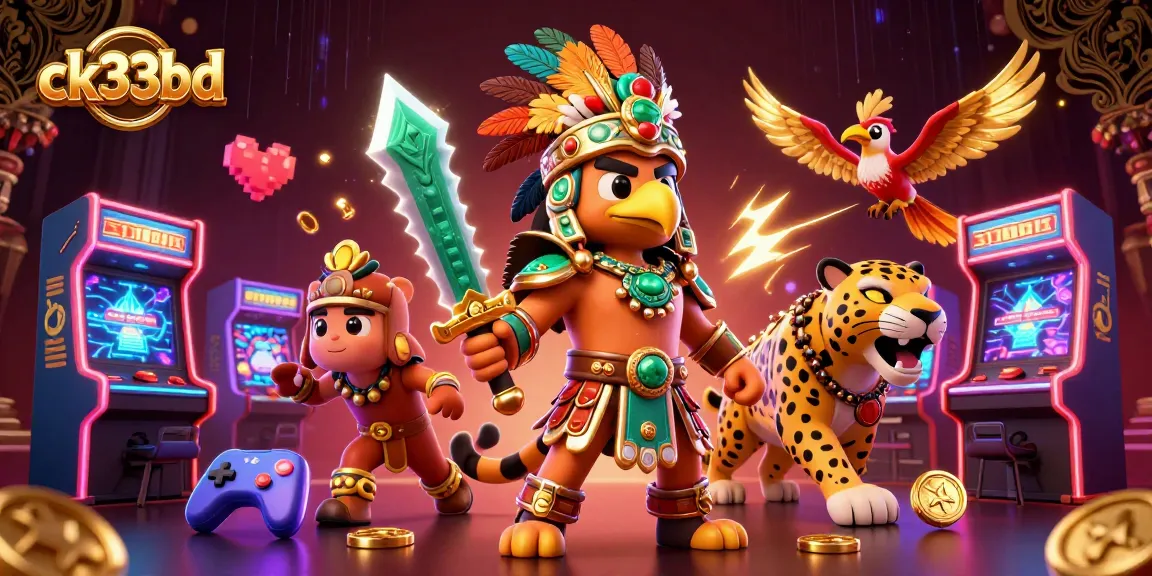 Experience thrilling wins with ck33bd's vibrant gaming atmosphere featuring Aztec characters and casino elements.