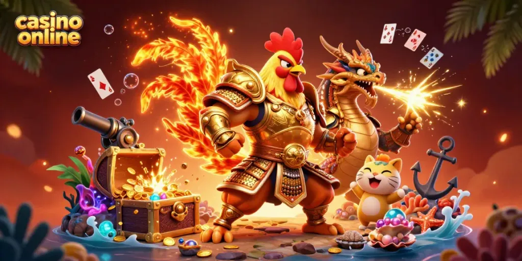 Juega en un casino online triunfante con guerreros coloridos y tesoros en el mar.