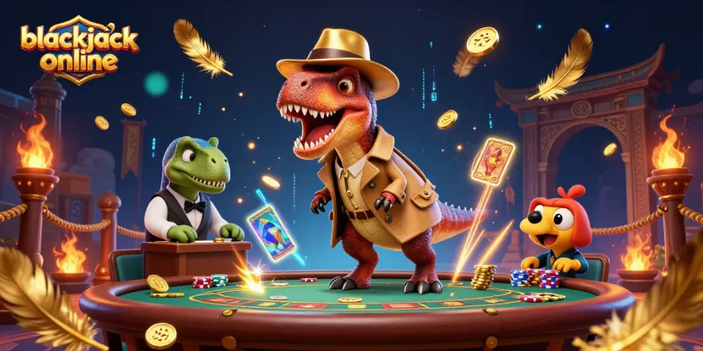 Juega blackjack online en esta ilustración 3D de un velocirraptor contador de cartas en un casino ficticio.