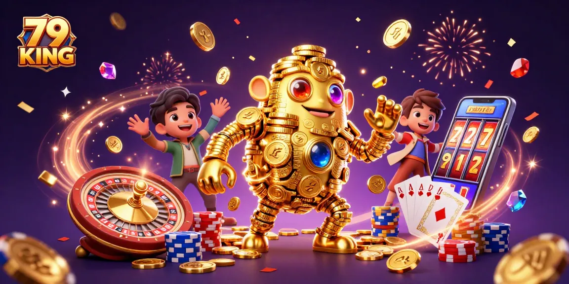 Experience thrilling gaming action at 79 KING with a vibrant 3D casino illustration, featuring golden golems and dynamic slot games.