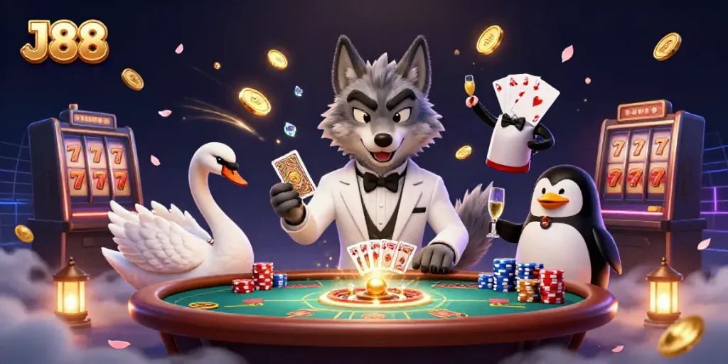 Experience thrilling gameplay at J88 with captivating casino characters amidst dazzling winnings.
