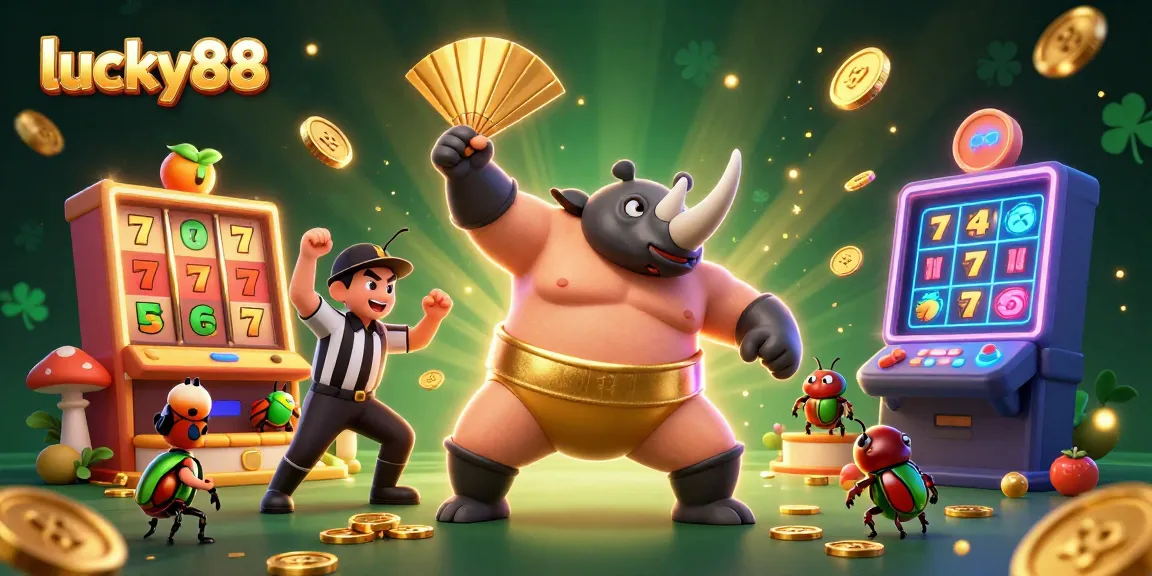 Experience winning moments with lucky88 in a vibrant casino-themed illustration featuring lively characters and slot elements.