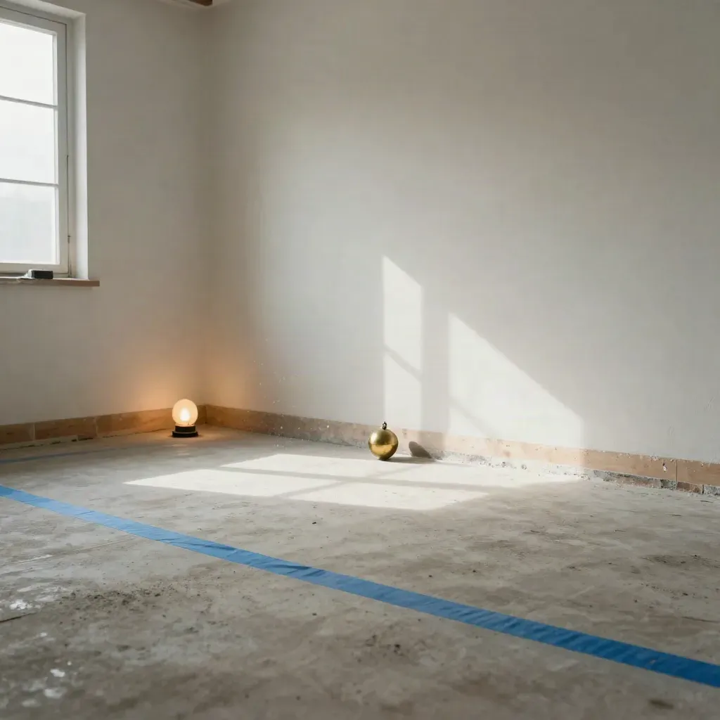 Habitación vacía con marcas de replanteo, cinta azul y plomada junto al zócalo, luz cálida de tarde.
