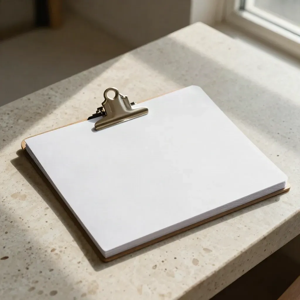 Carpeta de licencia, maqueta blanca y clips metálicos sobre piedra, listos para presentar.