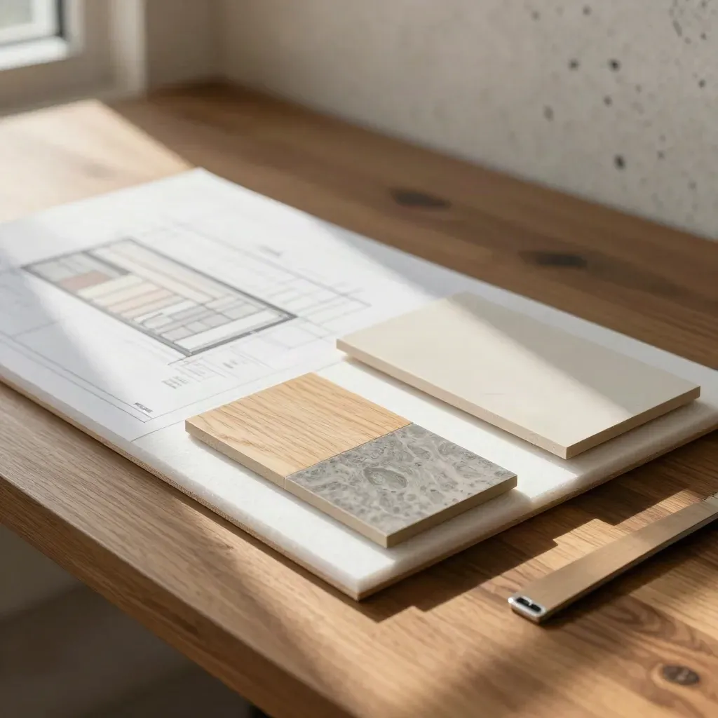 Tablero de reforma con muestras de pavimento, madera, pintura mineral y maqueta en cartón pluma.