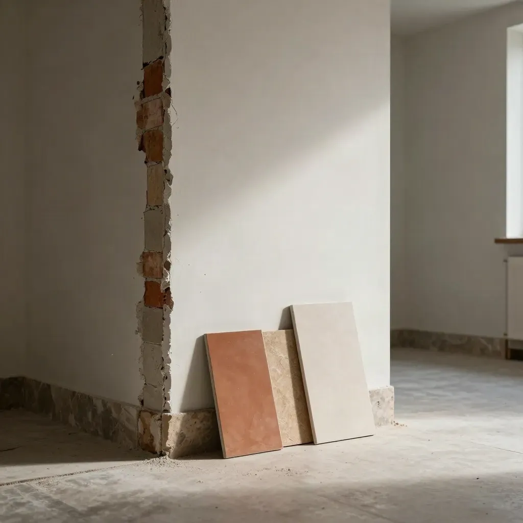Hueco interior de vivienda con muestras de acabado, polvo tenue y luz cálida