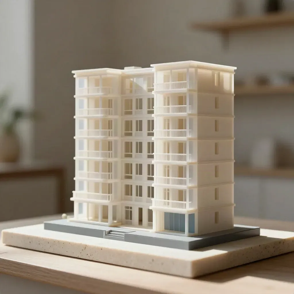 Maqueta interior en blanco roto con base ahumada y luz suave lateral