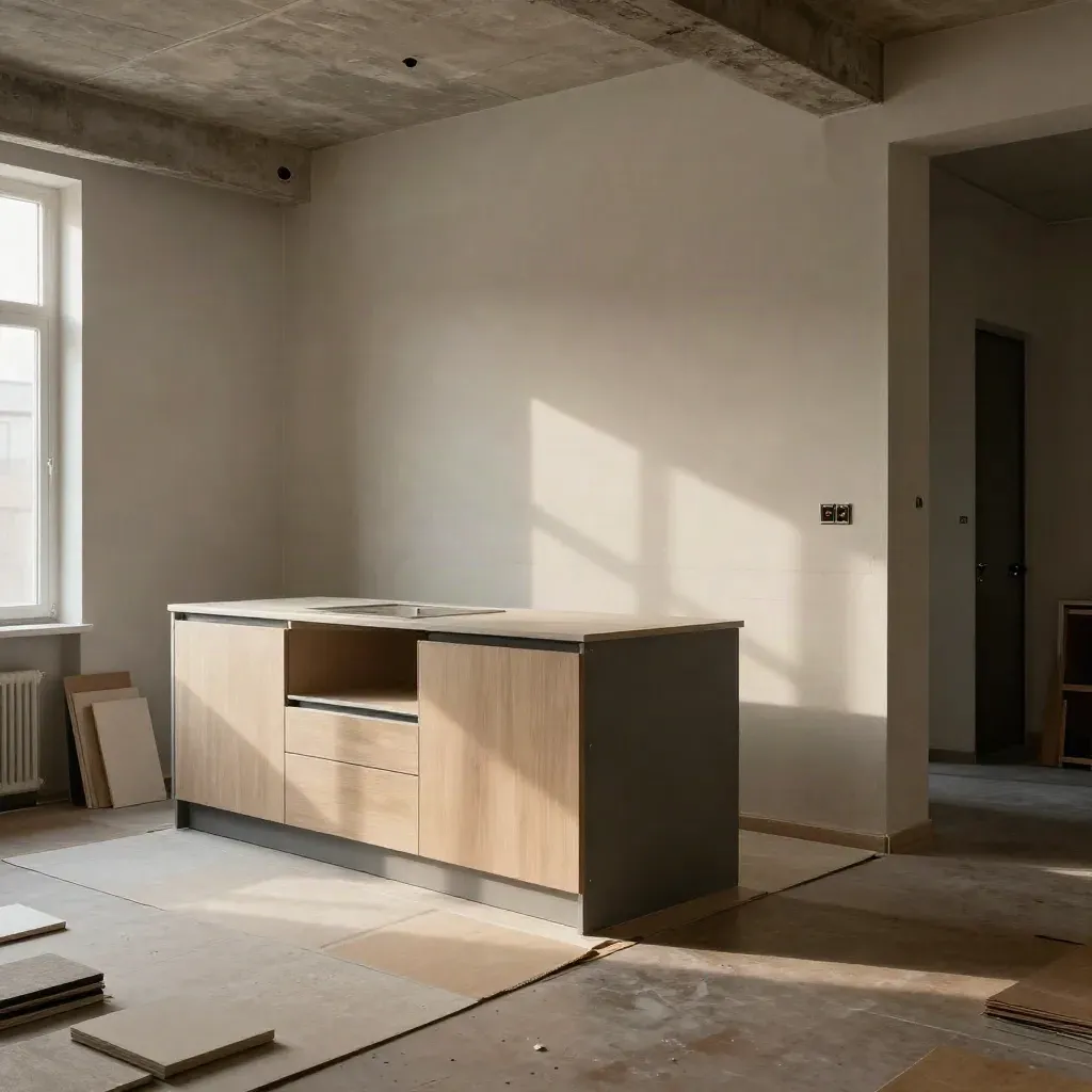 Piso de 80 m² listo para reforma, con cocina provisional, suelo protegido y muestras junto a pared saneada.