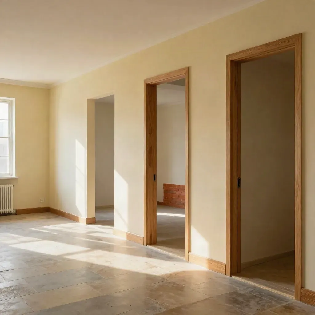 Interior renovado con huecos alineados, carpintería clara y luz cálida diagonal.