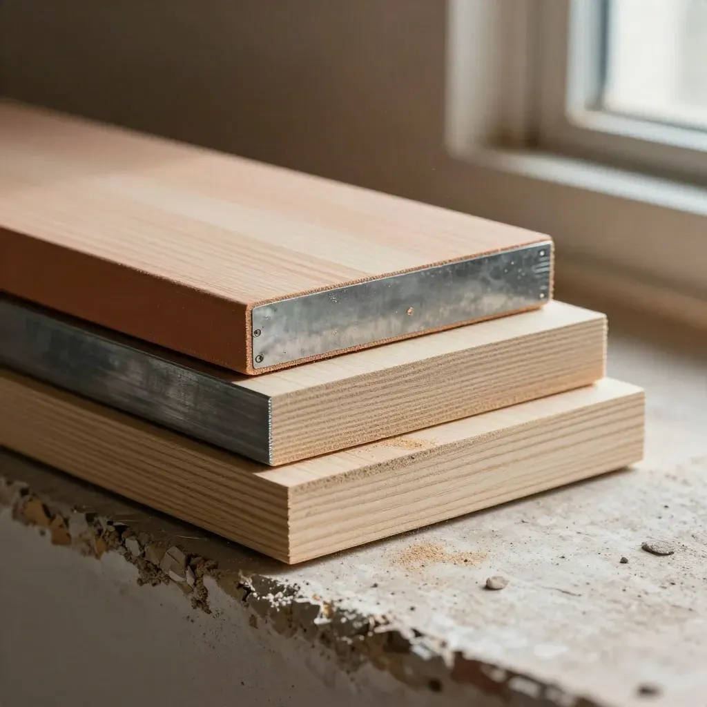 Primer plano de muestras de materiales: cerámica terracota, metal galvanizado y madera con polvo de obra.