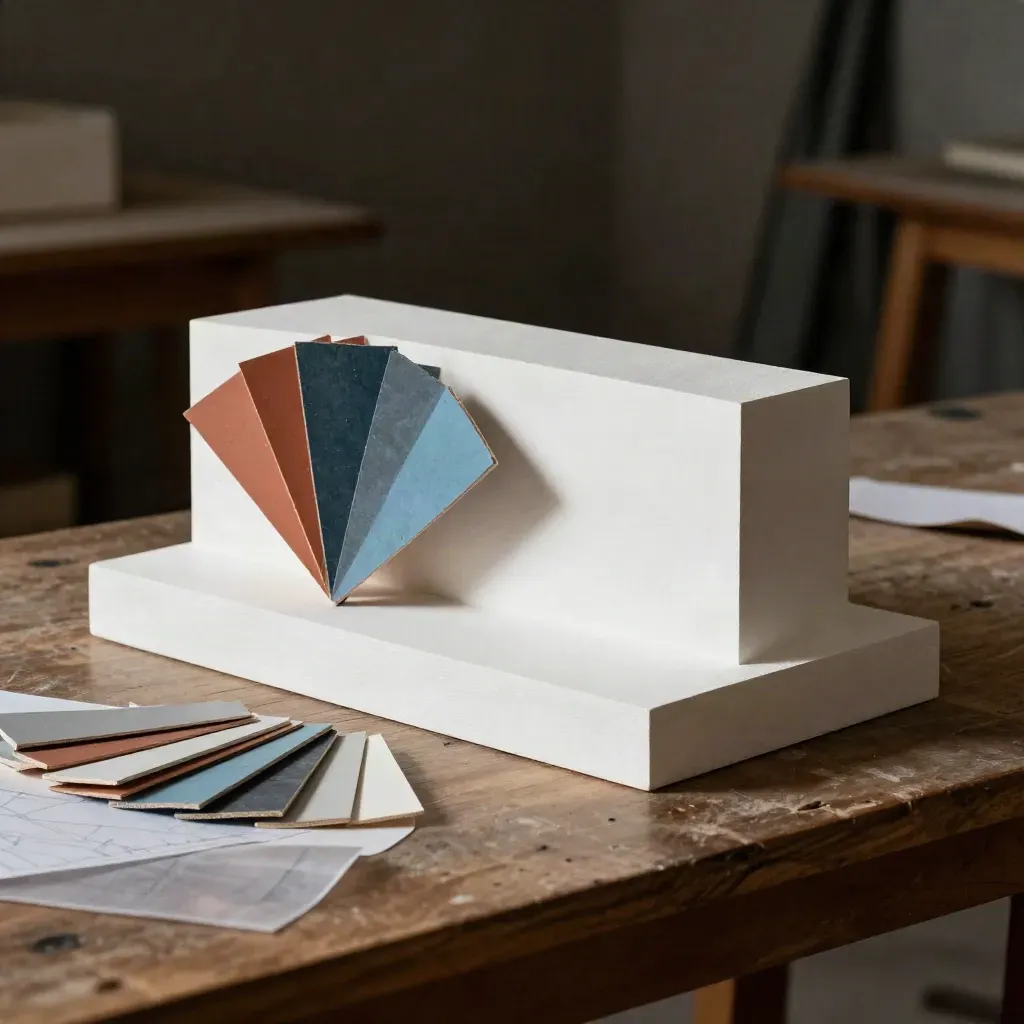 Modelo arquitectónico con muestras de materiales sobre mesa de trabajo, luz dramática y sombras profundas