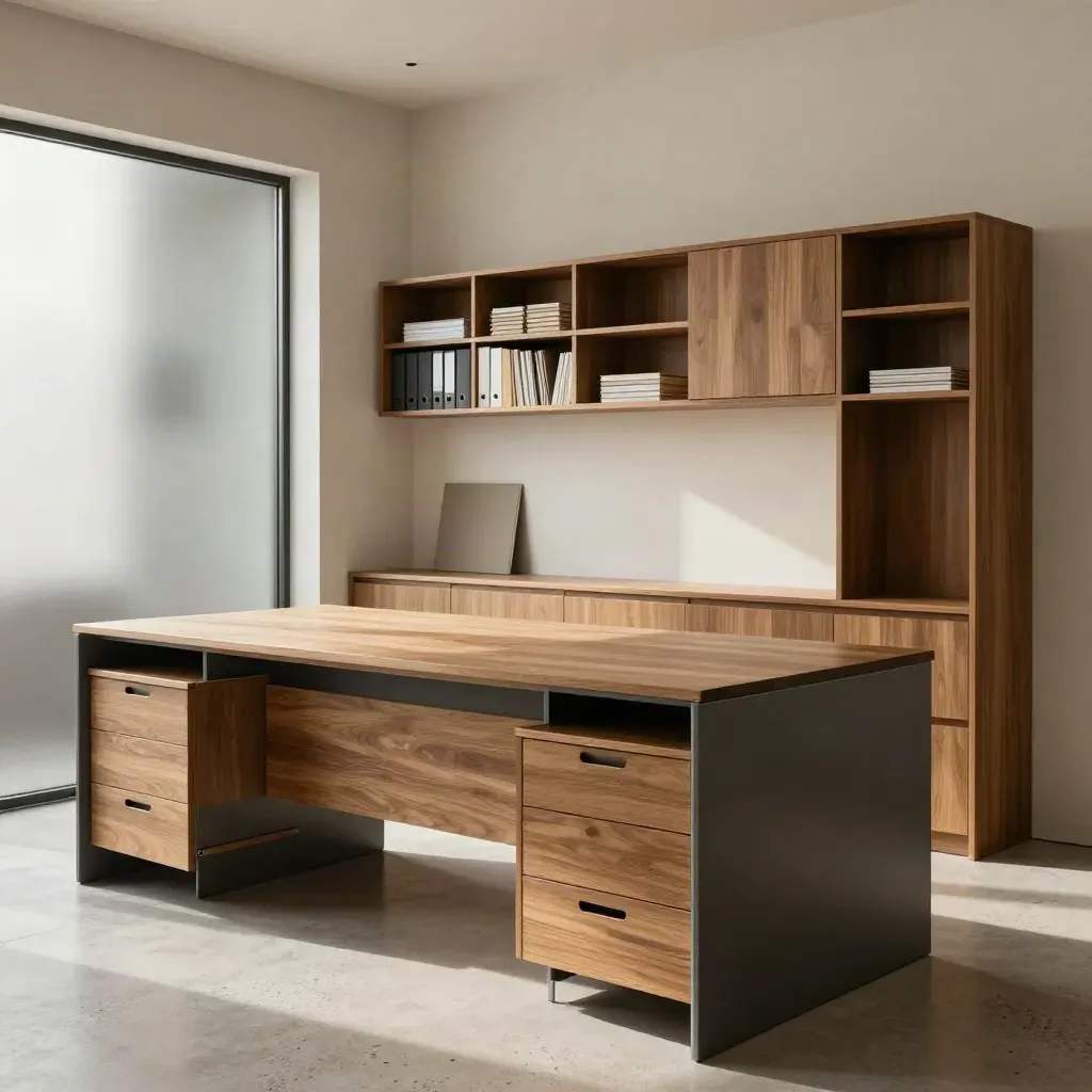 Oficina pequeña terminada, con mesa de madera, almacenaje integrado y luz suave