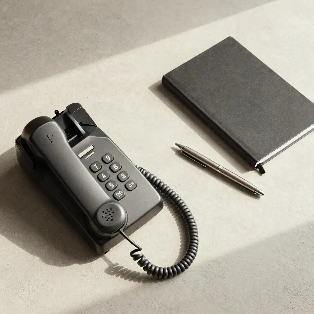 Teléfono fijo, libreta cerrada y bolígrafo metálico sobre concreto, vista cenital.