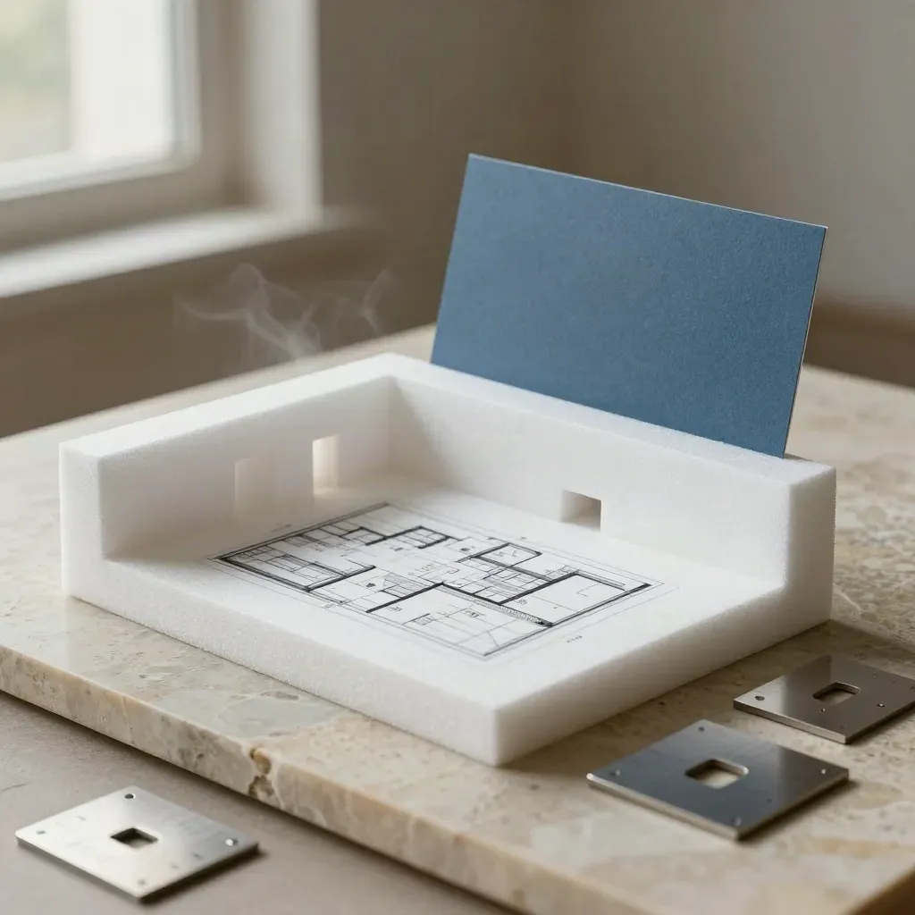 Maqueta de planta con tarjeta azul pizarra y escuadras sobre piedra clara.