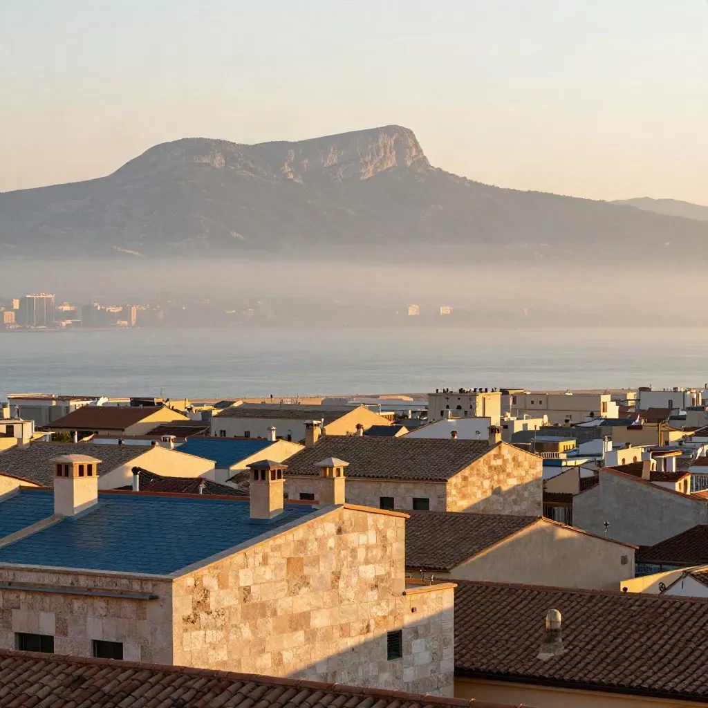 Vista dorada de Cataluña con azoteas modernistas y sierra difusa sobre una atmósfera marina
