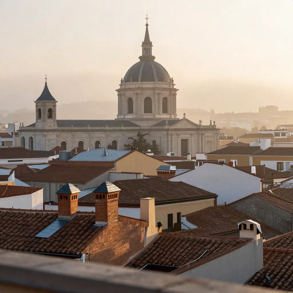 Tejados de Madrid al amanecer con niebla dorada y una cúpula de iglesia