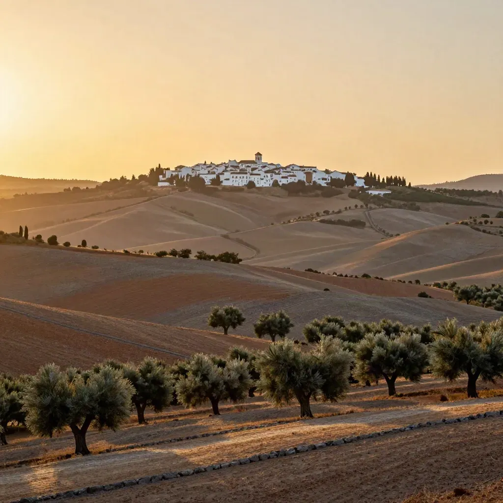 Lomas de olivos al atardecer con un pueblo blanco lejano y cielo amplio sobre Andalucía.