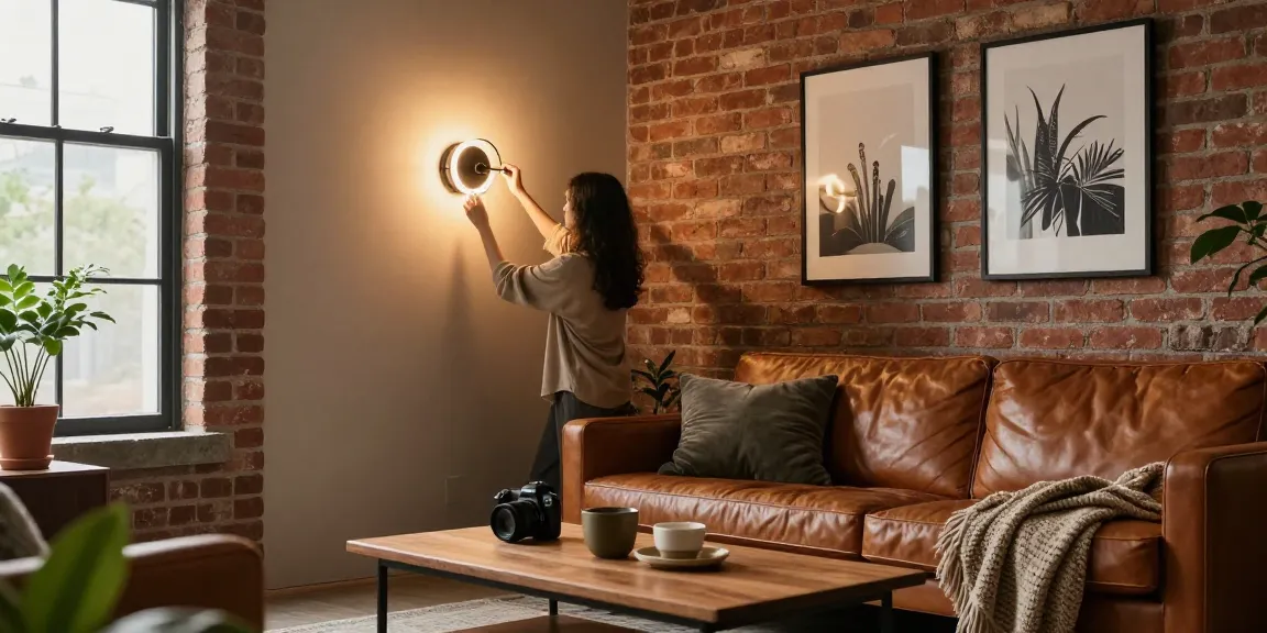 Aplique de pared industrial iluminando una acogedora sala de estar moderna, contando con un aplique pared industrial para una atmósfera hogareña con estilo.