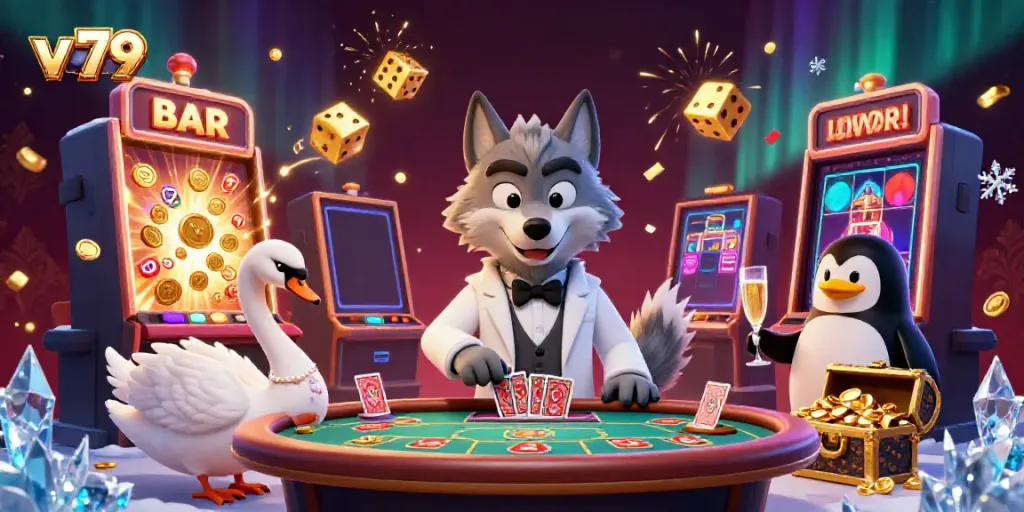 Engage with v 79 casino excitement featuring a debonair wolf and elegant characters in a dynamic gambling scene.